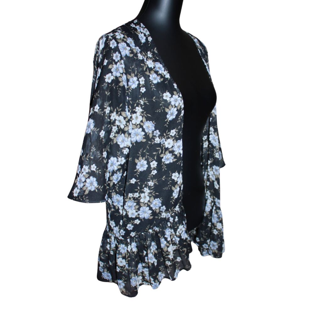 American Eagle Black Blue Floral Sheer Ruffle Kimono Cardigan XS/S